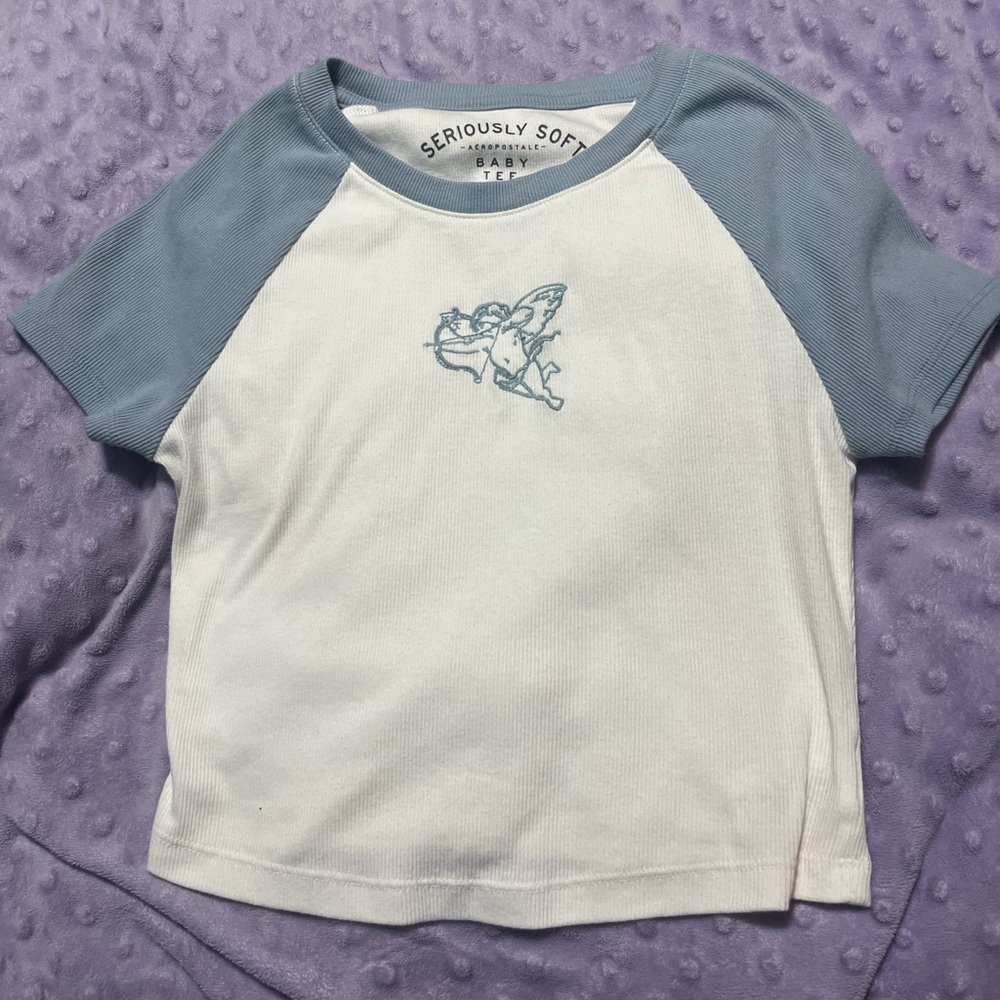 Blue and white baby tee with cherub